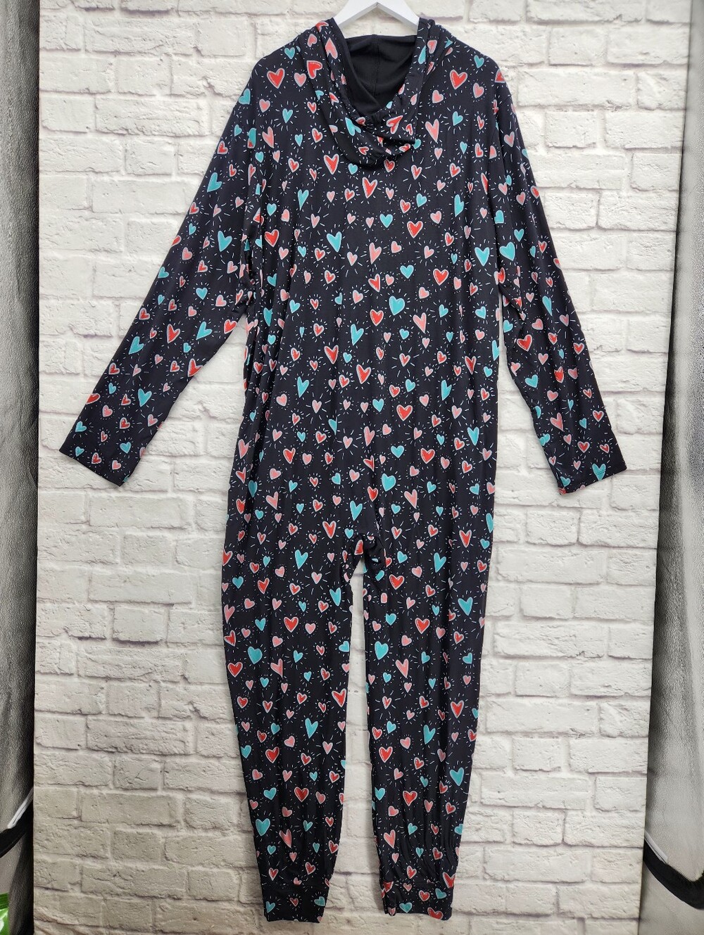 MeUndies Heart Print Hooded Zip Front One Piece Lounge Jumpsuit XL 2XL Cozy - Picture 8 of 12